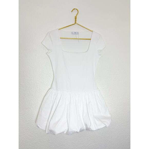 Mango White Bubble Hem Mini Dress Size Small Square Neck Stretch - Picture 3 of 14